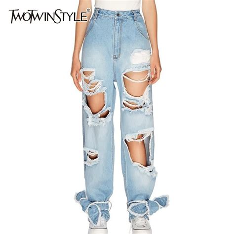 Twotwinstyle Irregular Hole Women Denim Pants High Waist Bowknot Bandage Big Size Female Jeans