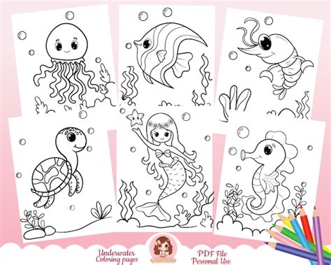 Underwater Coloring Pages Under The Sea Animals Cute Sea Etsy Australia