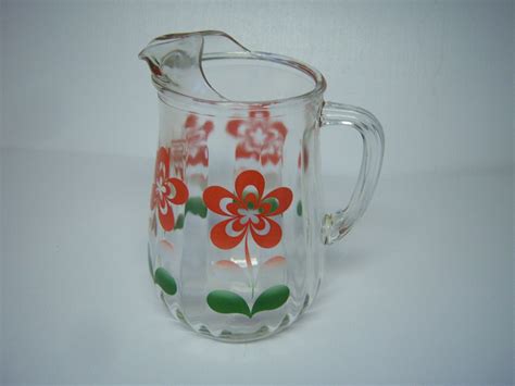 Vintage 1950s Glass Pitcher Clear With Red Flowers Hand Painted Ice