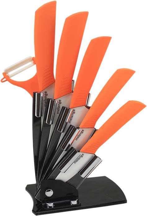Melange 7 Piece Ceramic Knife Set With Orange Handle And