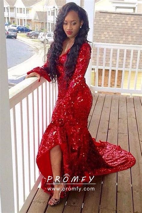 Red Sequin V Neck Long Sleeve Mermaid Prom Dress Promfy