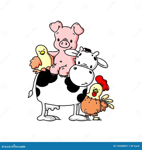 Farm Animals On Sunny Day In Countryside Funny Cartoon Poster With Cow