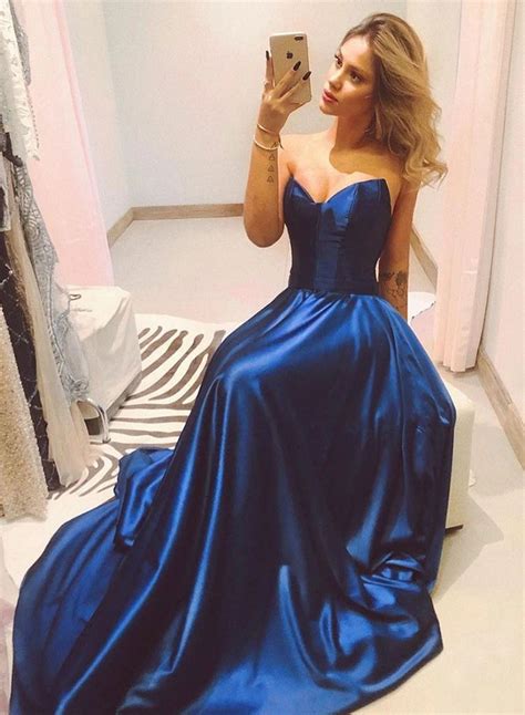 Simple Blue Strapless Satin Long Prom Dress Formal Evening Dress
