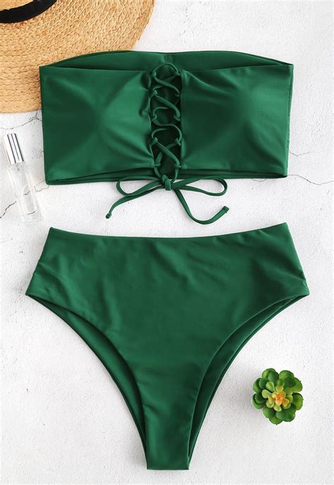 lace up high rise bandeau bikini set medium sea green style fashion swimwear type bikini