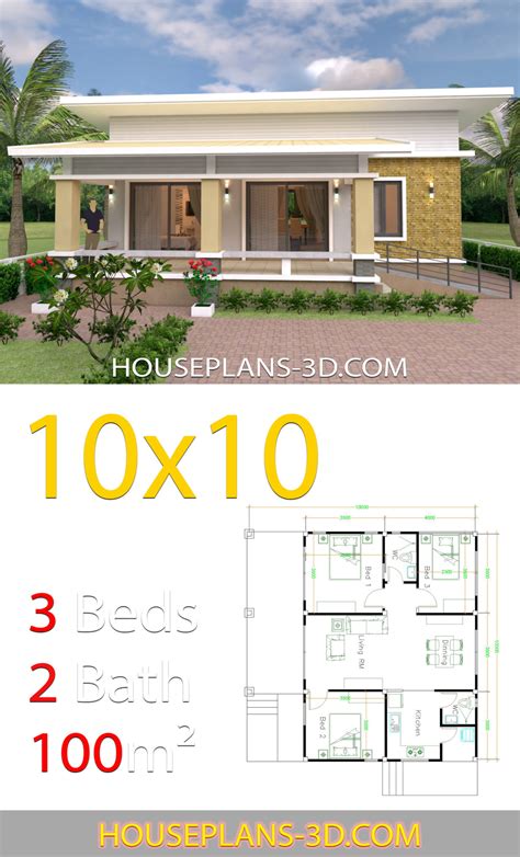 House Design 10x10 With 3 Bedrooms Full Interior House Plans 3d