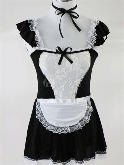 Black Sexy Lingerie Maid Costume Lace Two Tone Backless Womens Dress