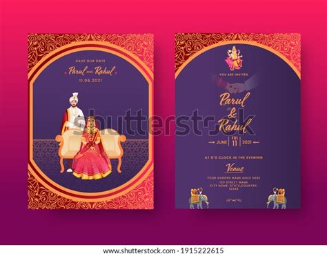 Front And Back View Of Indian Wedding Invitation Card With Hindu Couple