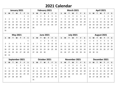 2021 Yearly Calendar Printable Free Letter Templates
