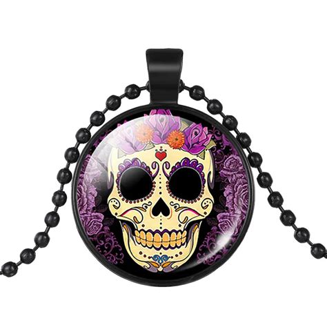 Mexican Sugar Skull Pendant Day Of The Dead Necklace Women Chain Glass
