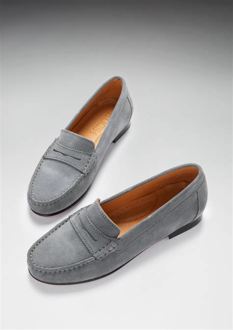 Womens Penny Loafers Leather Sole Slate Grey Suede Hugs And Co