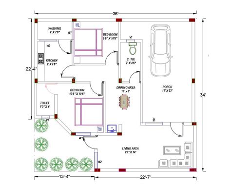 2 Bhk House Plan Autocad Drawing Download Dwg File Cadbull