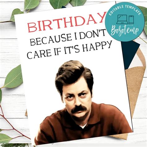 Ron Swanson Funny Birthday Card To Print At Home Instant Download Bobotemp