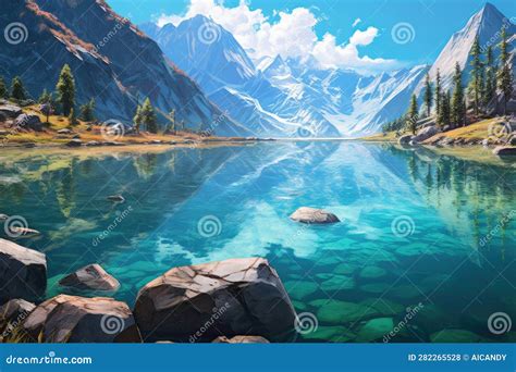 Vista Panorâmica De Um Lago Sereno De Montanha Enfiado Entre Picos