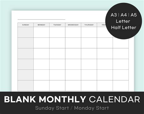 Blank Monthly Calendar Printable Horizontal Calendar Simple Etsy