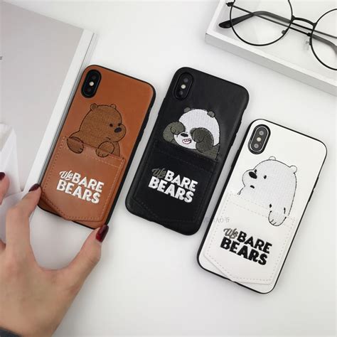 supr cute we bare bears brothers card slot soft leather phone case for iphone 6 6s 7 8 plus x