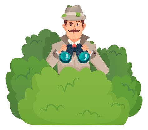 Inspector Haciendo Vigilancia Desde Arbusto Verde Detective De Dibujos