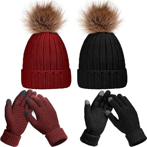 4 Pieces Women Winter Knitted Beanie Hat Glove Set Skull Cap