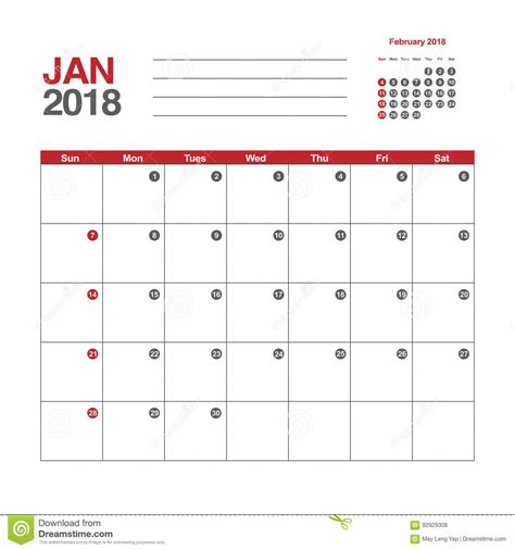 Välj en månad eller år från menyerna nedan. Kalender voor Januari 2018 vector illustratie. Illustratie ...