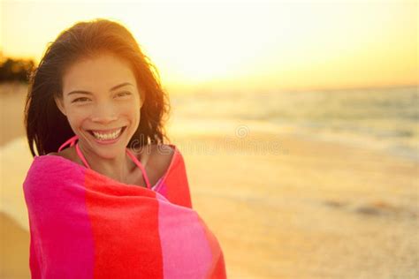 Beach Girl Happy Laughing Smiling Wrapped In Towel Stock Image Image