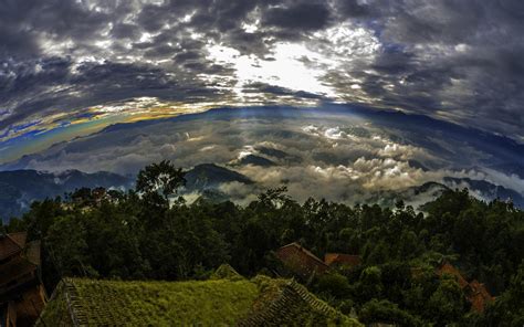 Nature Landscape Nepal Sunrise Trees Clouds Mountain