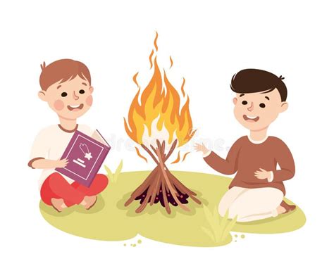 Little Boy Sitting Near Campfire And Reading Book Vector Illustration