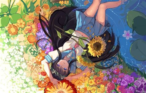 Wallpaper Water Girl Sunflowers Flowers Anime Art