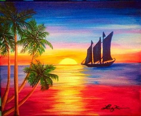 Sunset And Sailboat Acrylic Painting