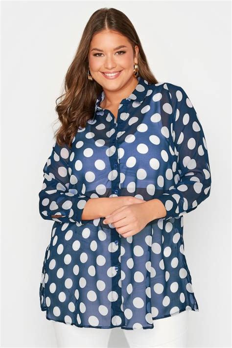 Plus Size Navy Blue Polka Dot Print Button Through Shirt Yours Clothing