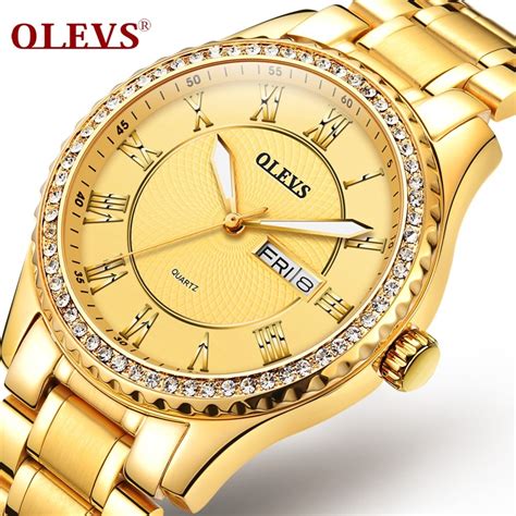 olevs luxury gold men wrist watches date and week waterproof luminous hands diamond quartz watch