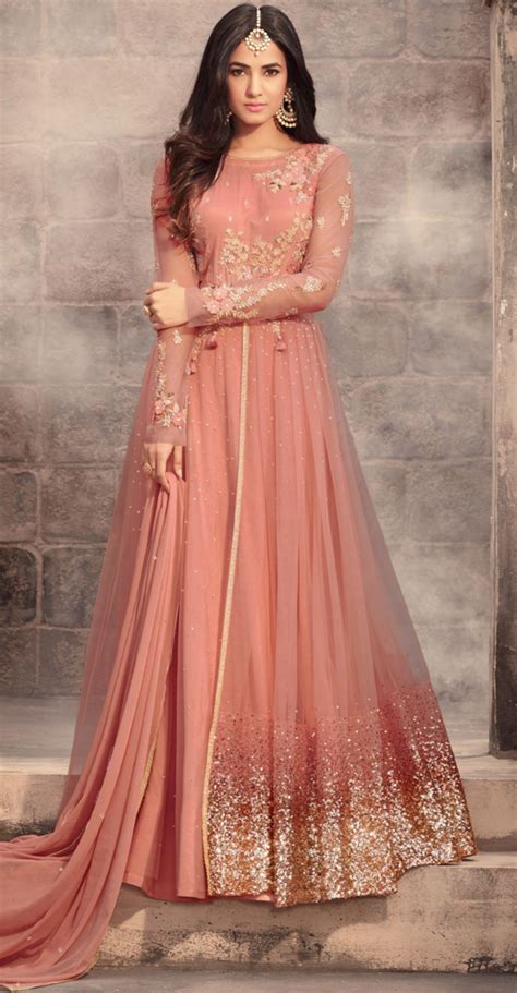 Dark Peach Designer Embroidered Net Wedding Anarkali Suit Designer Anarkali Dresses Indian