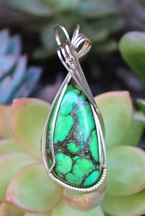 Green Mojave Turquoise Stone Pendant Gold Filled Wire Wrapped Etsy