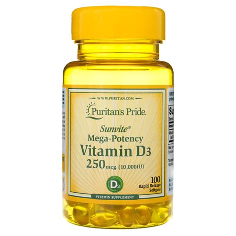 Puritans Pride Vitamin D3 250 Mcg 10000 Iu 100 Softgels Medpak