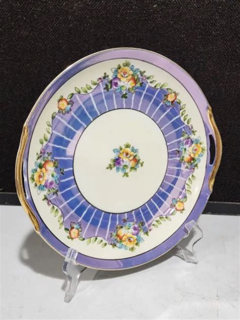 Vintage Blue Lusterware Art Deco Floral Cake Plate Made In Japan Handles Picclick