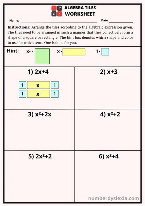 Free Printable Algebra Tiles Worksheets Pdf Number Dyslexia
