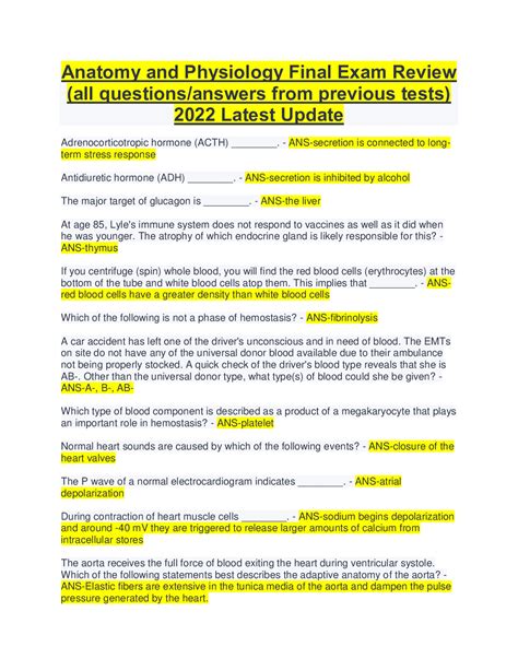 Anatomy And Physiology Final Exam Review All Questionsanswers From