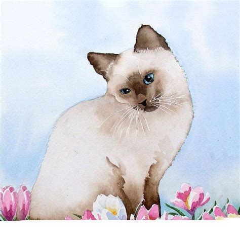 Siamese Cat Art Prints Cat Watercolor Painting Siamese Kitty Spring