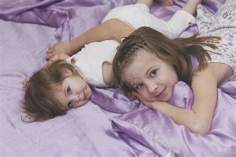 Children Girls Lying In Bed Stock Image Image Of Home Portrait 54640799