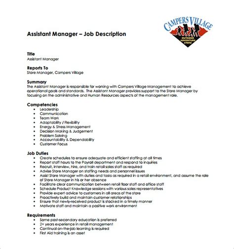 Job description/essential functions job title: Assistant Store Manager Resume
