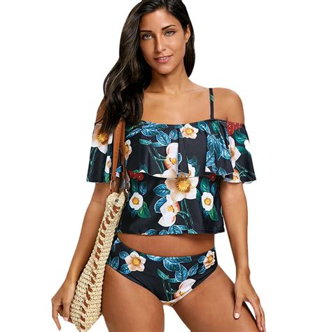 Flowers Print Flounce Two Piece Swimsuit Two Piece Swimsuit Sexy Biquini Flower Print High Leg