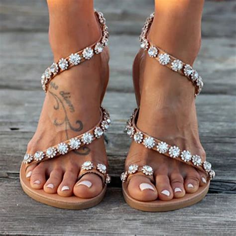 Dressy Beach Sandals Womens Rhinestones Flat Sandals Rhinestone Sandals Womens Summer Shoes