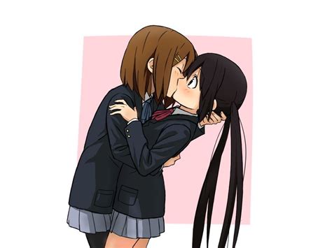 Lesbians Two Women Brunette Long Hair Women Closed Eyes K On Yuri Kissing Anime Anime