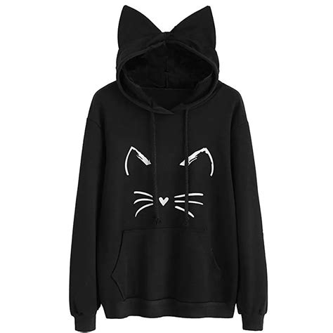 Women Cat Print Hooded Kawaii Cat Ear Long Sleeve Hoodie Sweatshirt Lady Loose Casual Pullover