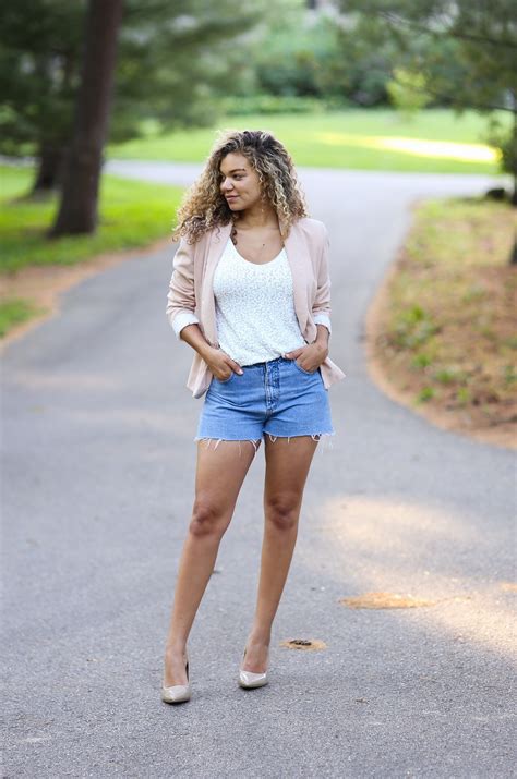 Denim Shorts Nude Heels Sparkle Tank Blush Blazer Outfit Fashion