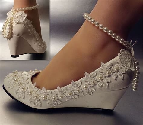 Details About Sucheny Lace White Ivory Crystal Flats Low High Heel
