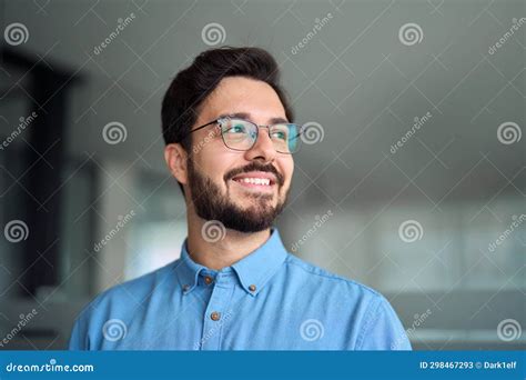 Happy Young Latin Business Man Leader Wearing Glasses Looking Away