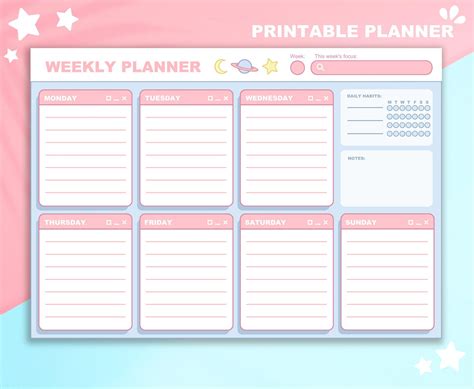 Printable Pastel Weekly Planner Cute Kawaii Pink Space Etsy