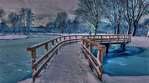 Wonderful Footbridge In Winter Hdr Wallpaper Nature And Landscape