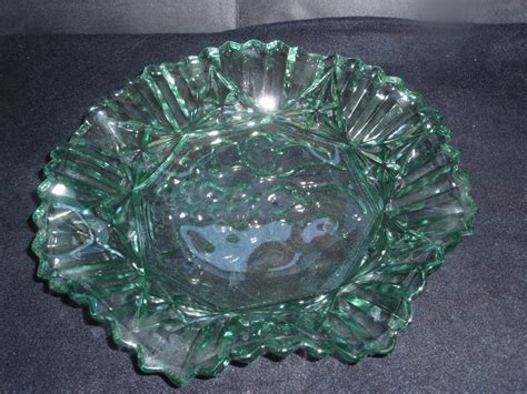 Vintage Green Glass Bowl With Fruit Decoration Large