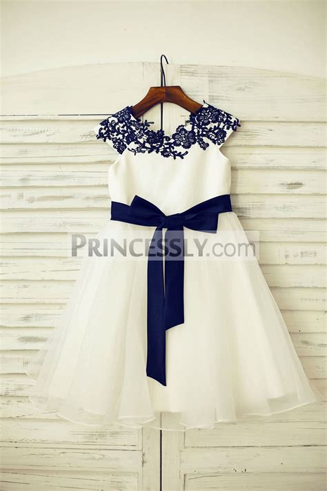 Navy Blue Lace Appliques Ivory Satin Organza Flower Girl Dress With