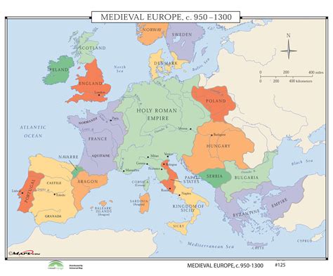 From mapcarta, the open map. #125 Medieval Europe, 950-1300 on Roller w/ Backboard ...
